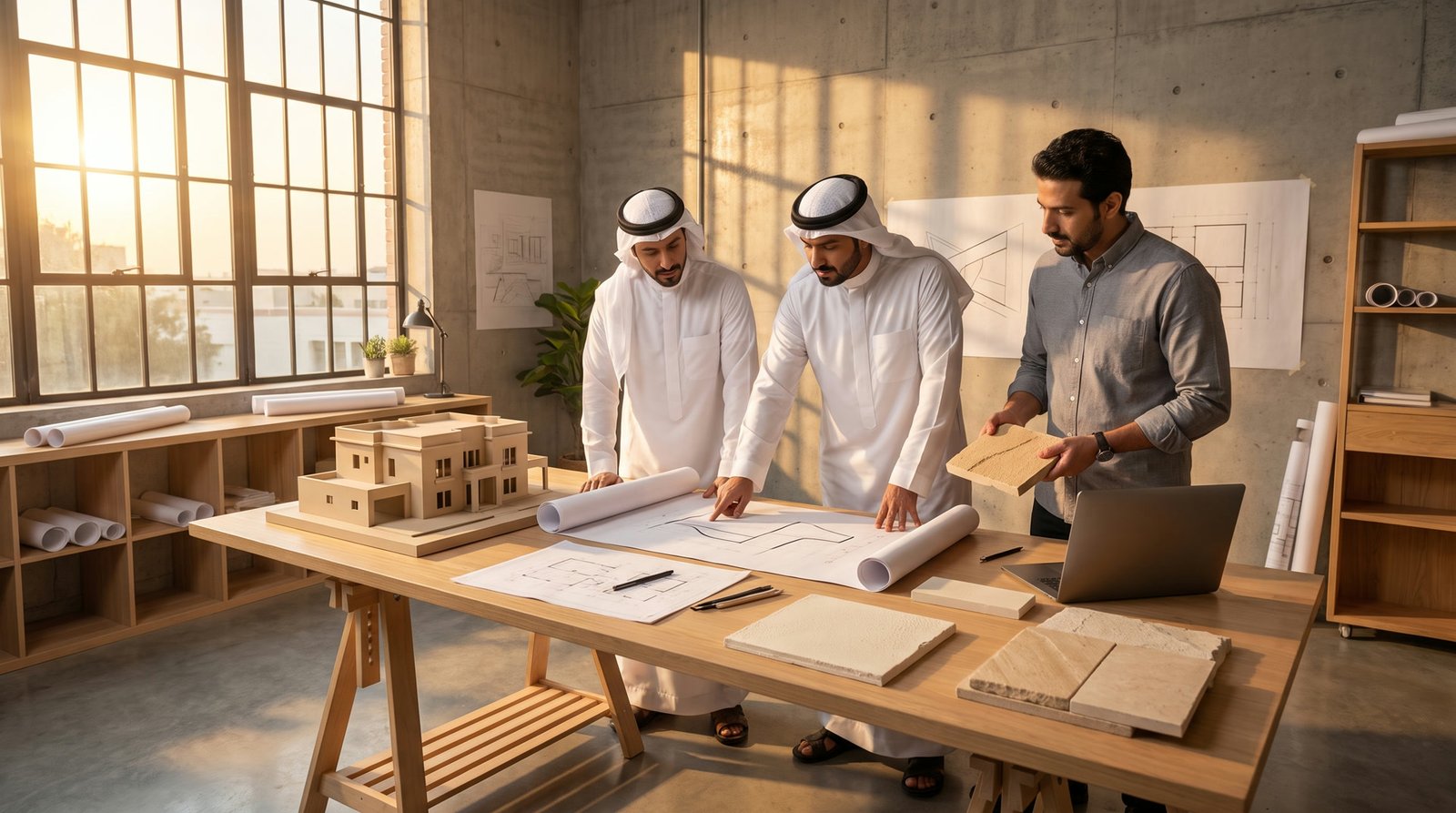 مهندسون معماريون يعملون على مخططات ونماذج مواد