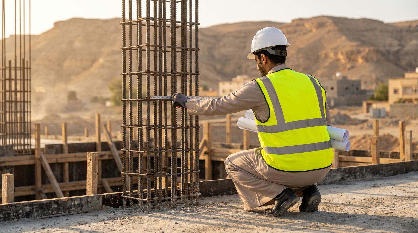 مهندس يفحص حديد التسليح قبل الصب